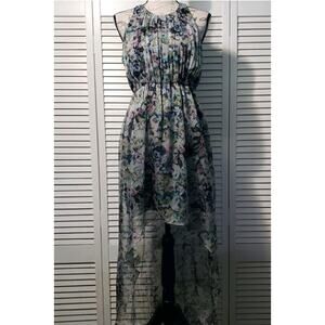 Zara Woman Sleeveless Hi-Low Dress Women's Large Green Floral Gathered Chiffon